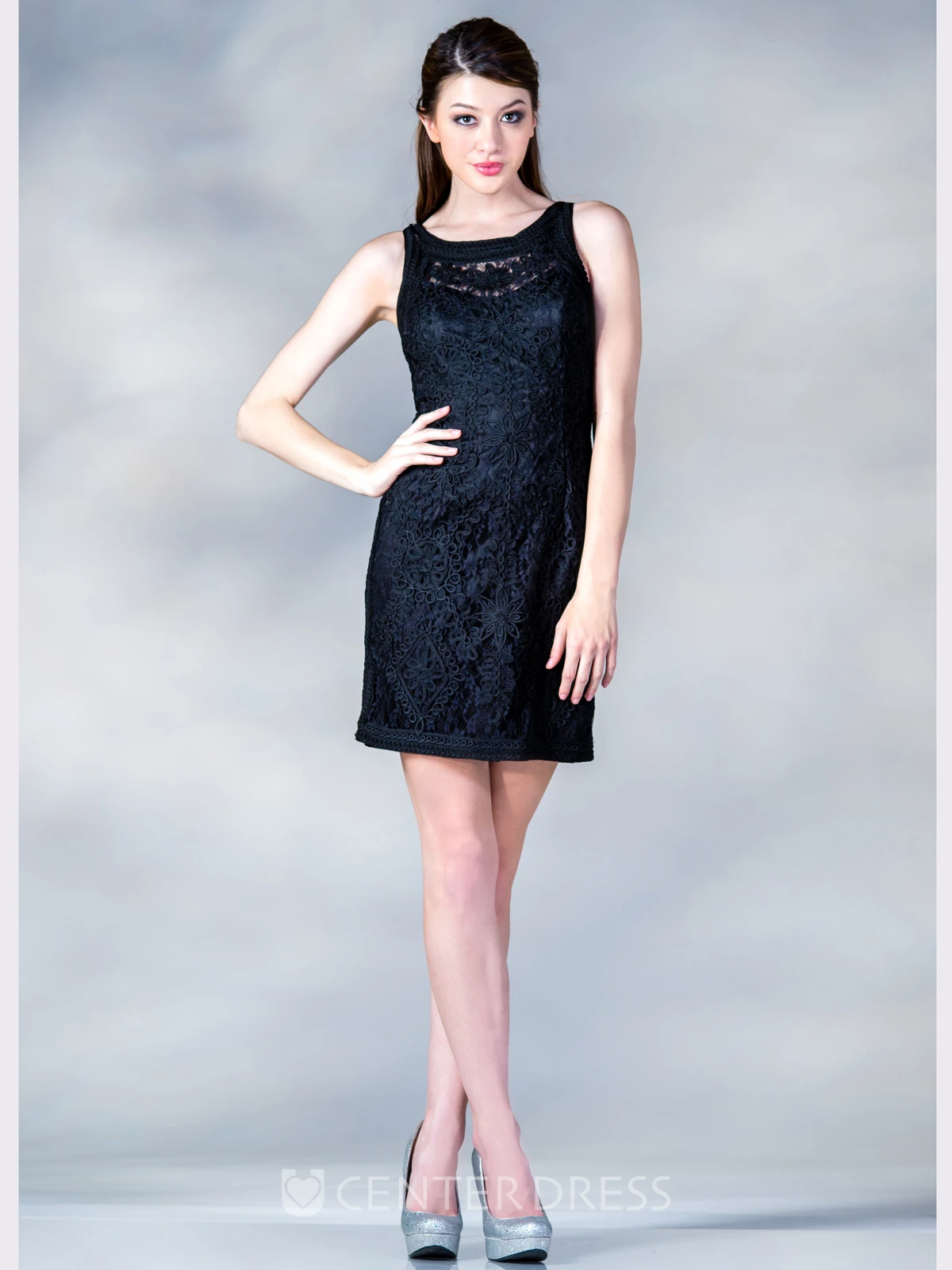Sheath Scoop-Neck Sleeveless Lace Illusion Dress With Split Back