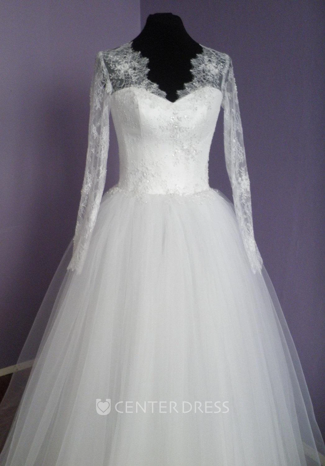 Vintage Inspired Long Lace Sleeves Tulle Wedding Dress With Lace Corset