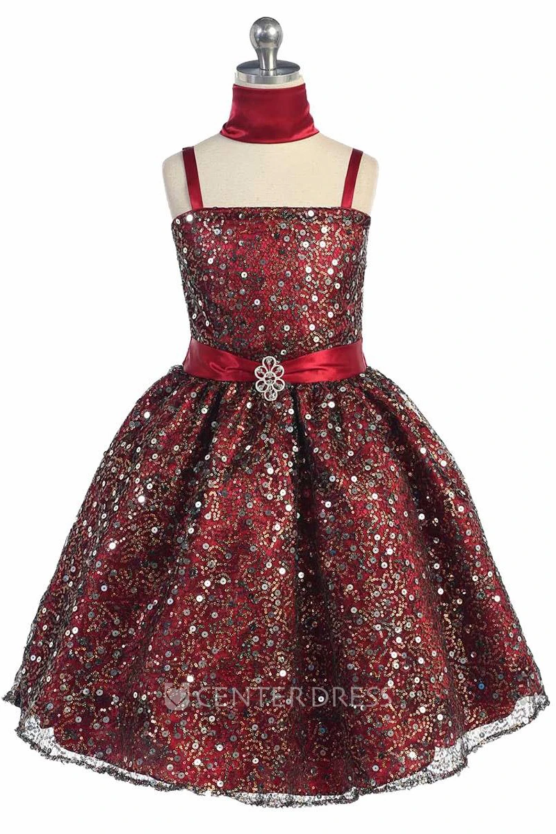 Tea-Length Cape Beaded Tiered Sequins&Satin Flower Girl Dress With Ribbon