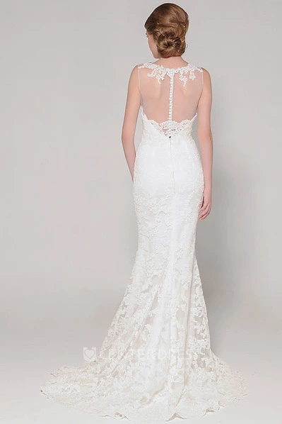 Trumpet Jewel-Neck Floor-Length Sleeveless Lace Wedding Dress With Appliques And Illusion