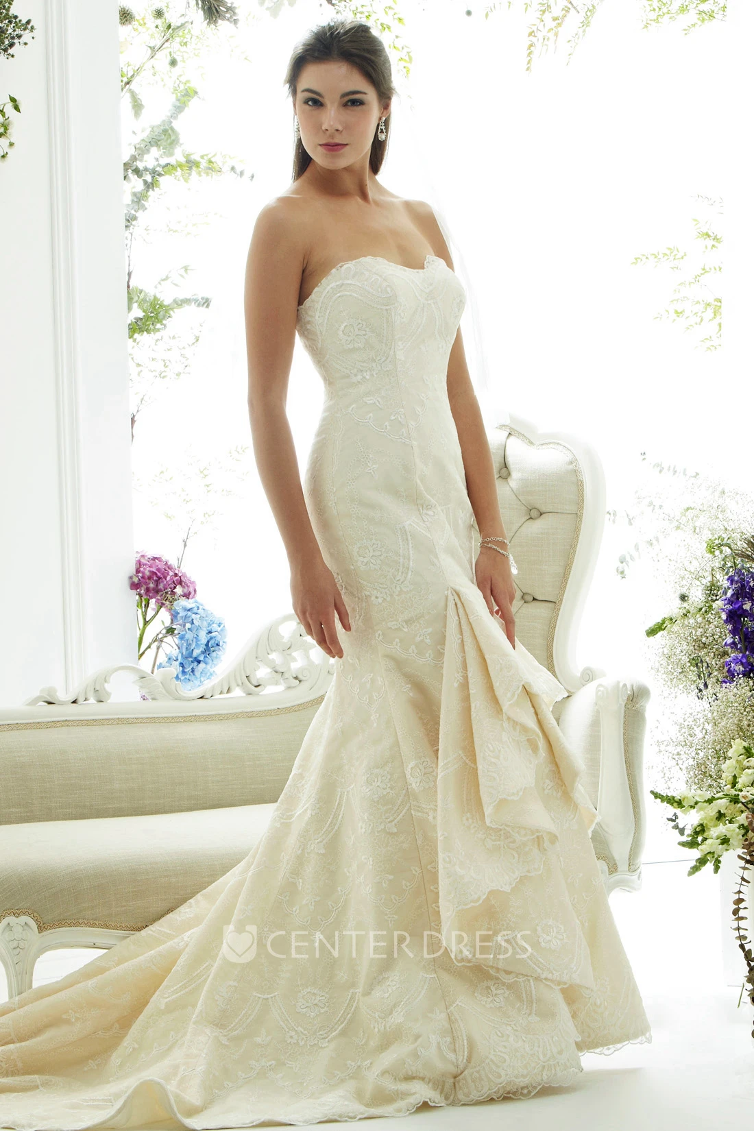 Mermaid Appliqued Strapless Lace Wedding Dress With Draping And Court Train