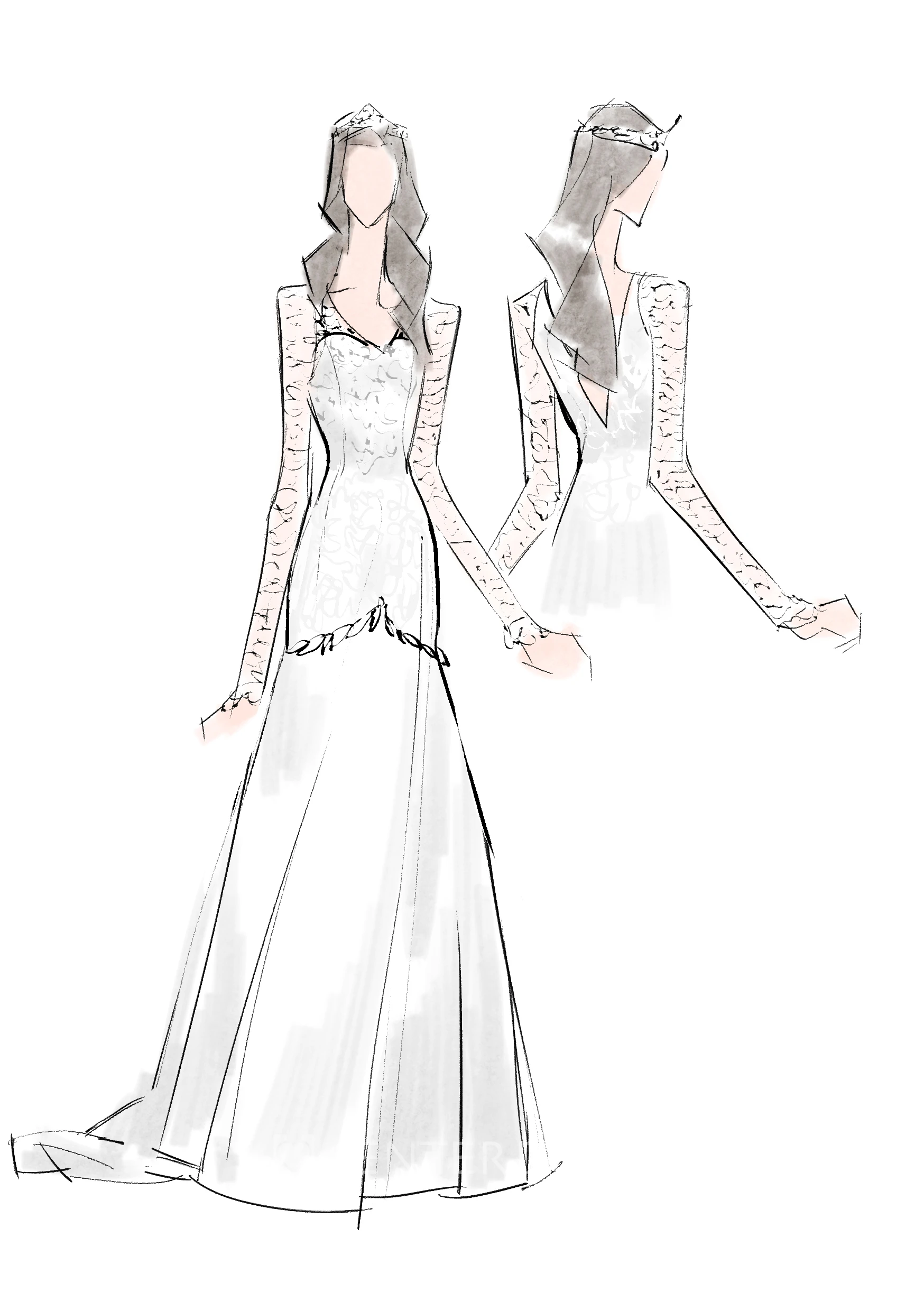 A Line V-neck Low-V Back Long Sleeve Lace Winter Wedding Dress