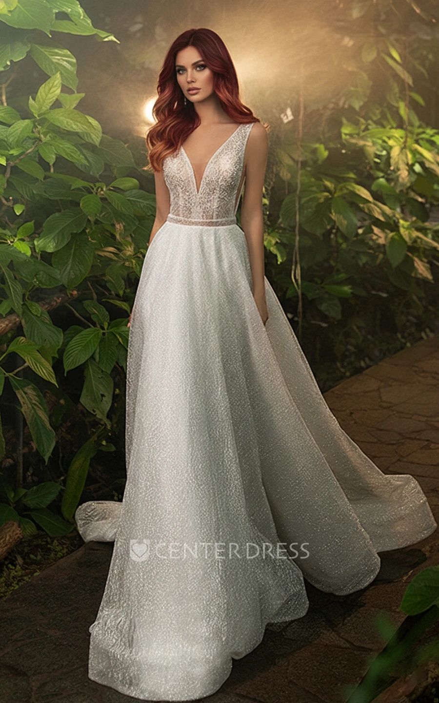 Sparkly Beach A-Line Wedding Dress Sleeveless Deep-V Neckline Informal Gown