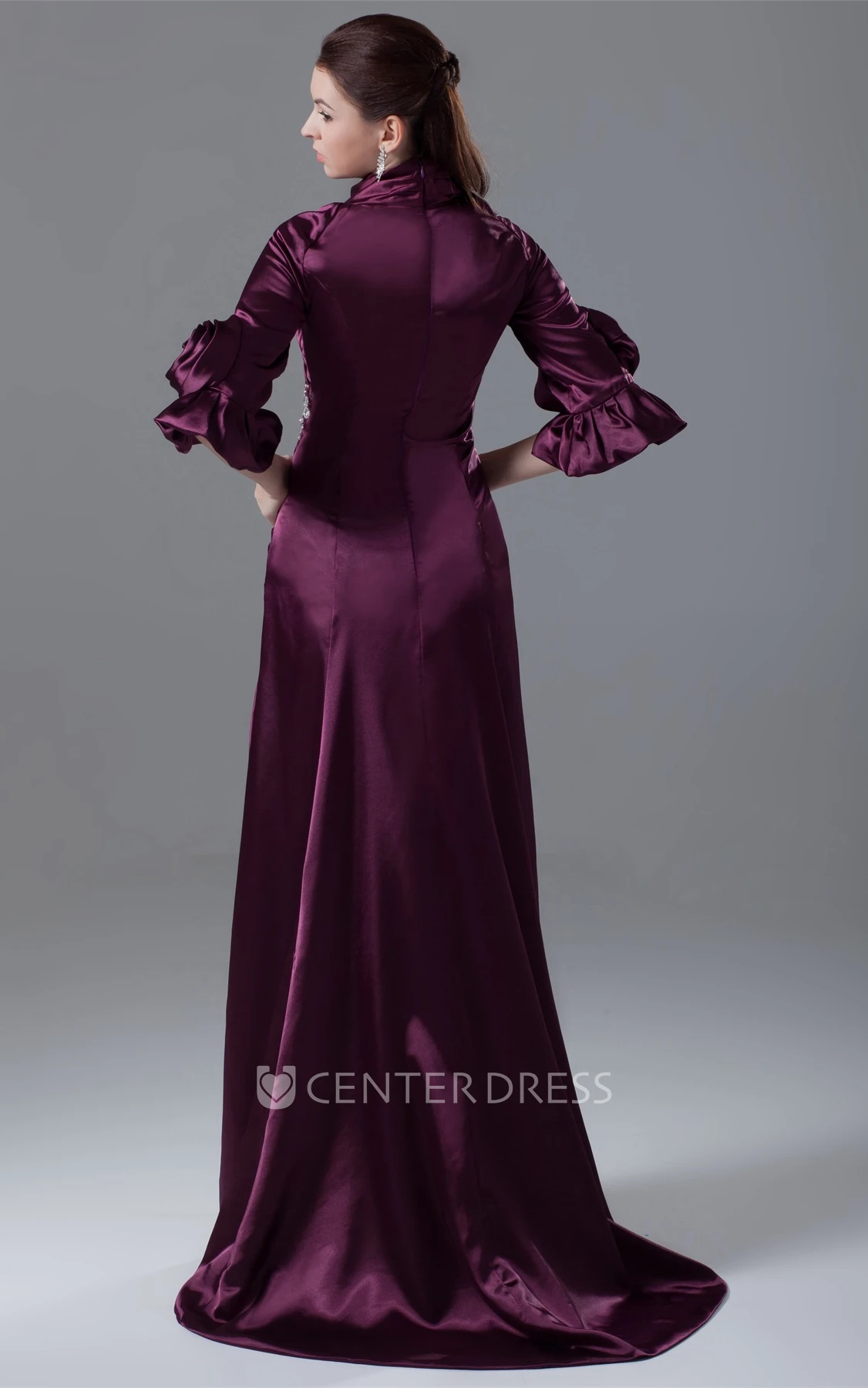 Modest Long-Sleeve Side-Ruched Formal Gown with Beading and Flower