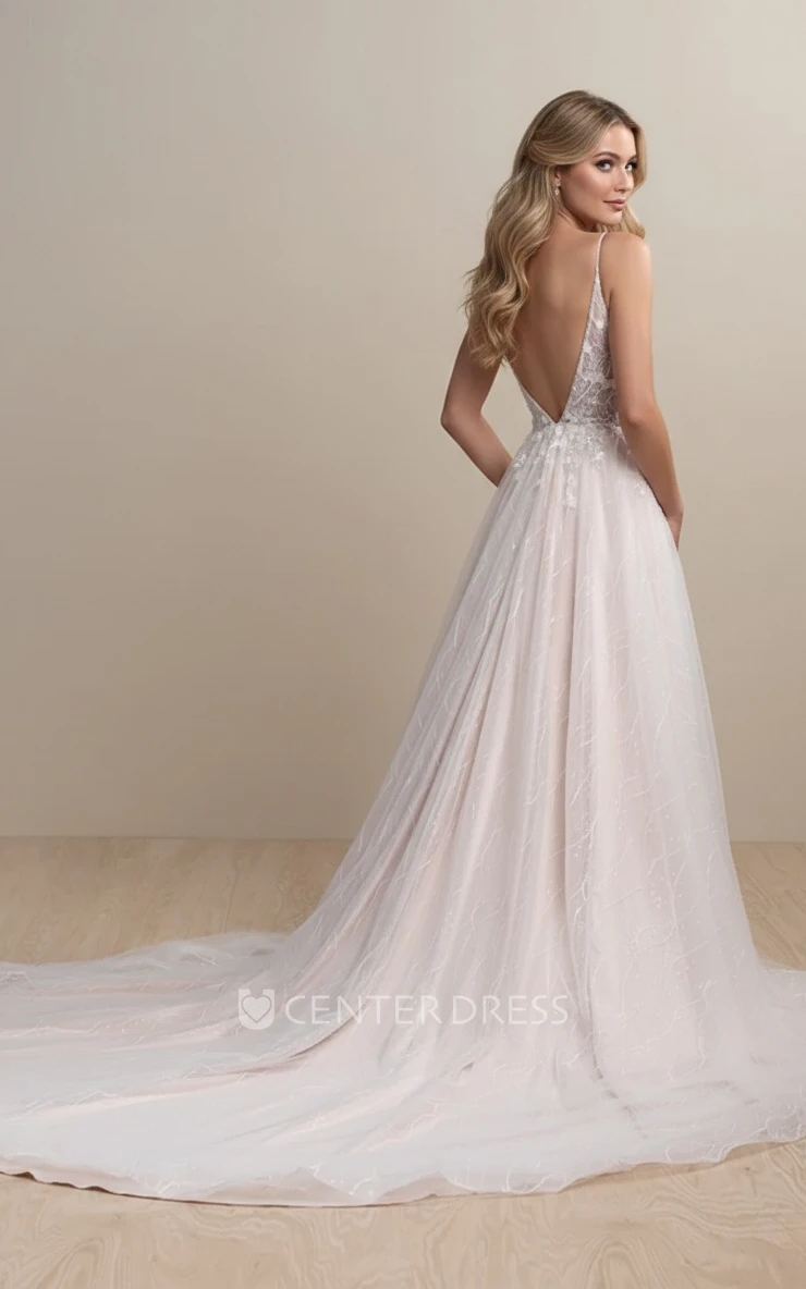 Beach Ethereal A-Line Boho Lace Spring Wedding Dress with 3D Flowers Fairy Sparkly Sequins Spaghetti Straps Sleeveless Split Front Bridal Gown