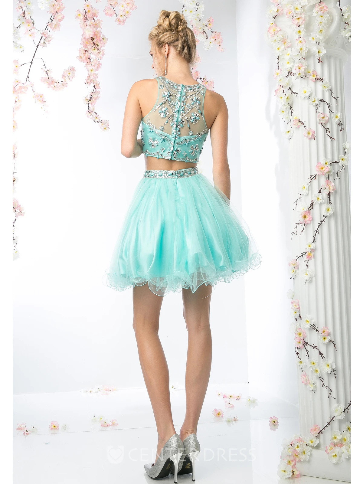 A-Line Short Jewel-Neck Sleeveless Tulle Illusion Dress With Ruffles And Beading