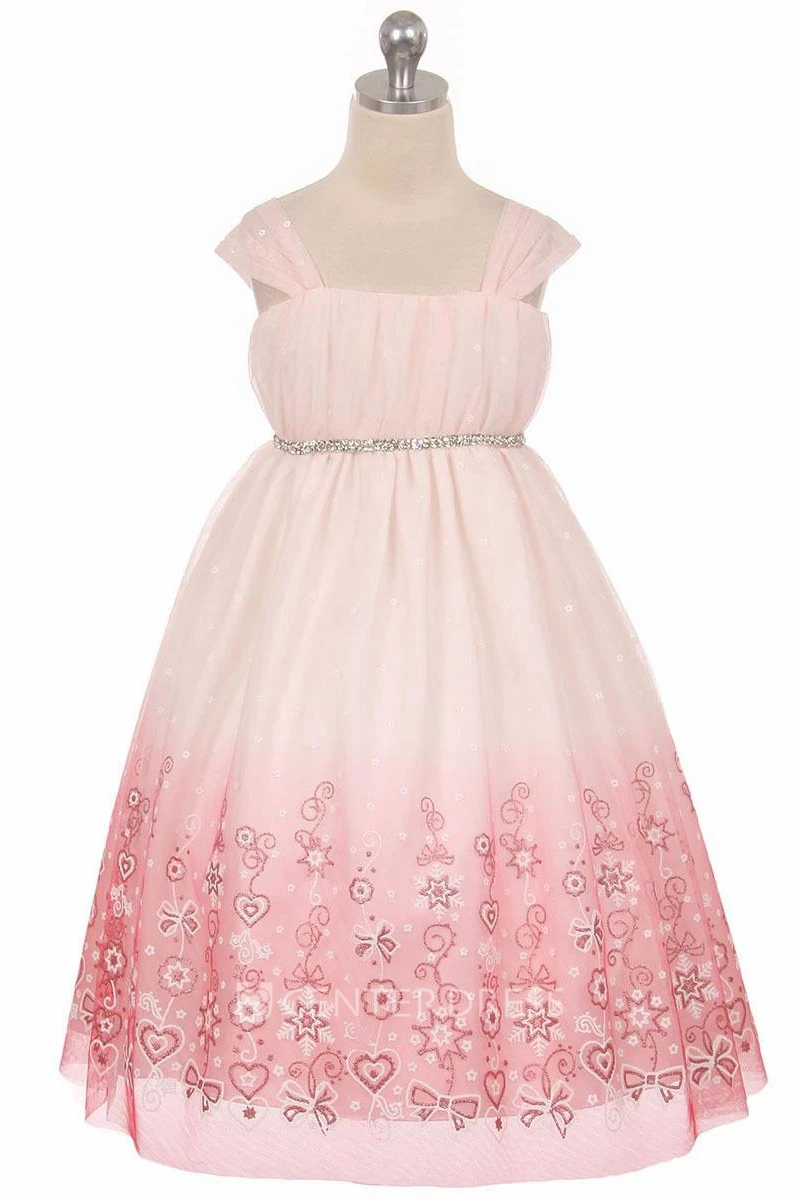 Tea-Length Floral Pleated Beaded Tulle&Satin Flower Girl Dress With Tiers