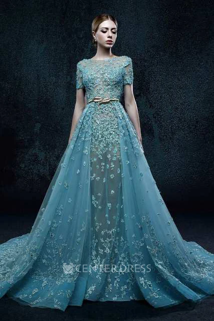 Short Sleeve Bateau Neck Pleated A-line Organza Dress With Flowers