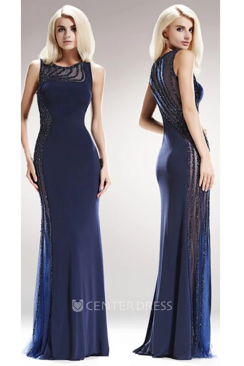 Sheath Scoop-Neck Sleeveless Jersey Illusion Dress With Beading