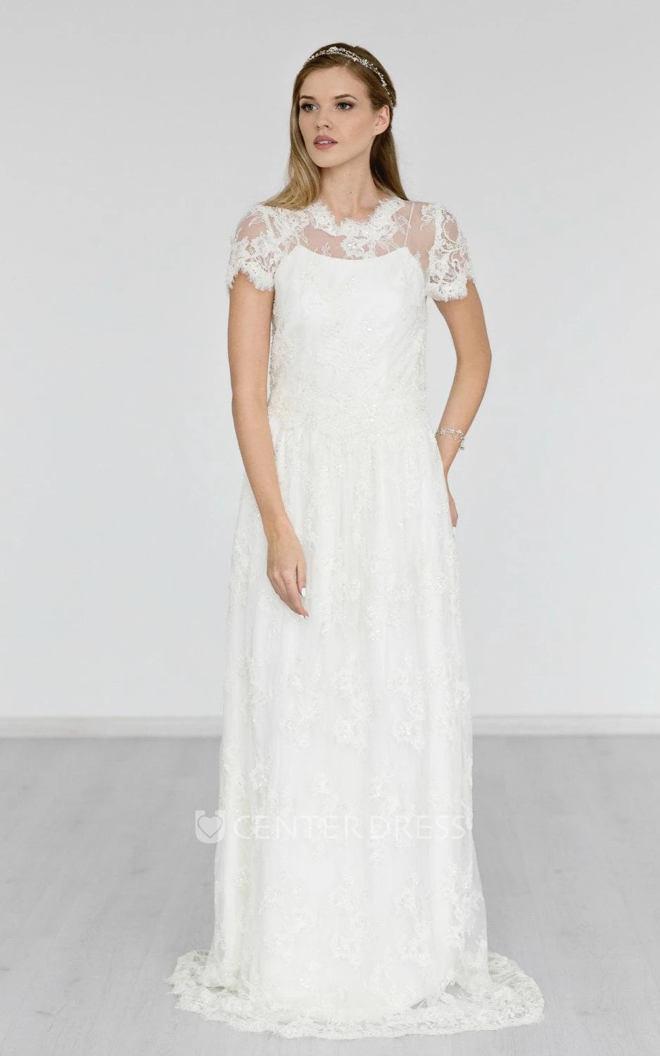 Boho High Neck Cap Sleeve A-Line Lace Wedding Dress With Brush Train