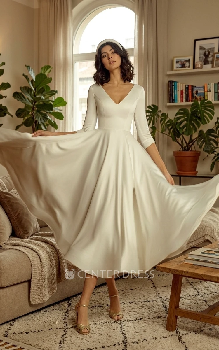 Long Sleeve A-Line V-neck Simple Casual Modest Tea-length Summer Wedding Dress Gowns
