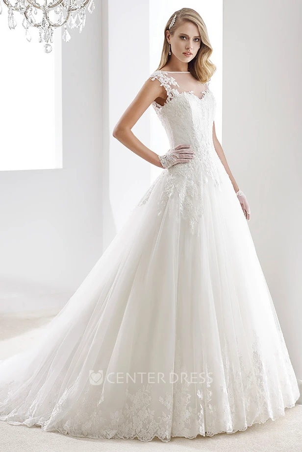 Cap sleeve A-line Illusion Wedding Gown with Appliques and Brush Train