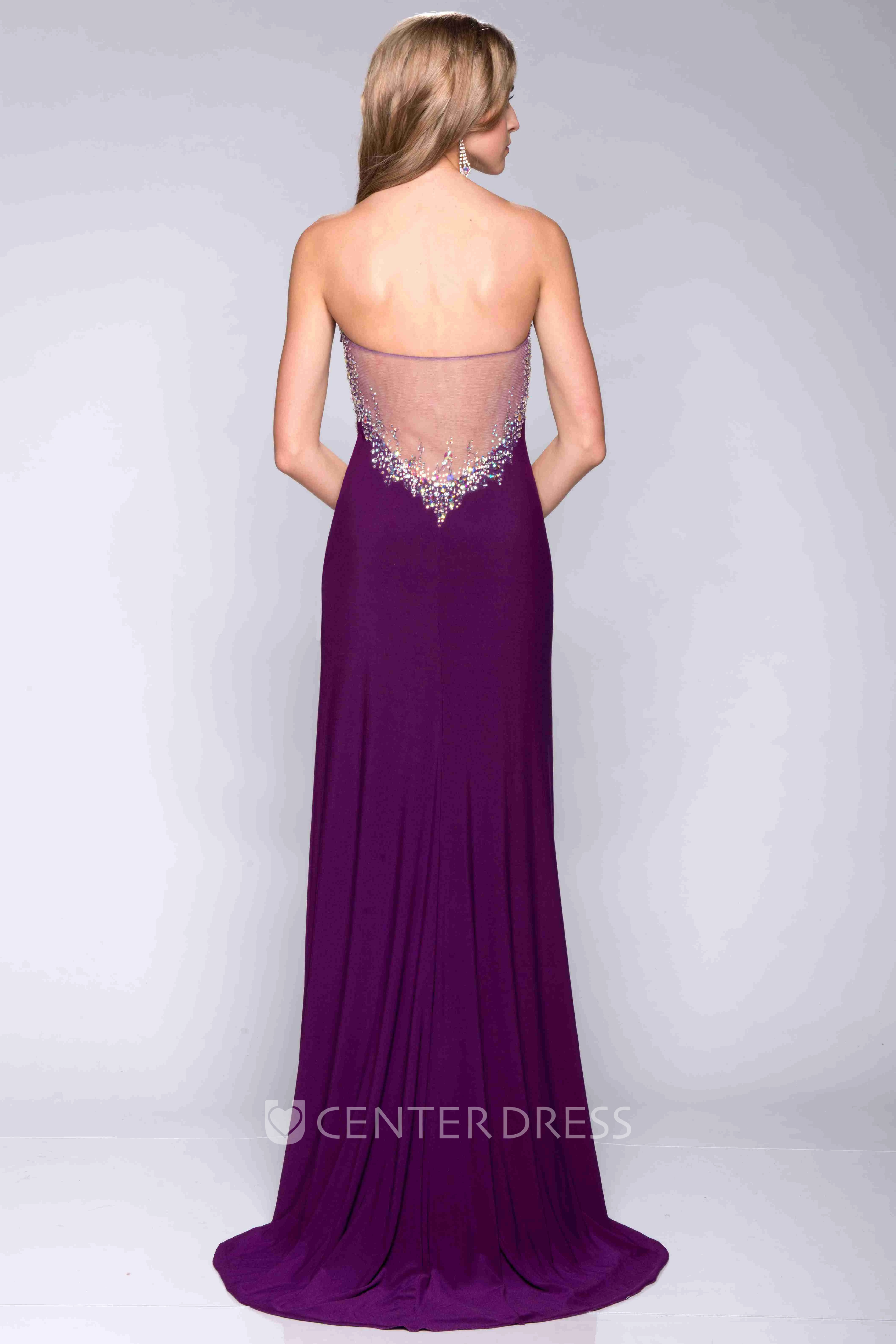 Illusion Back Side Split Form-Fitted Jersey Prom Dress With Sequin Detailing