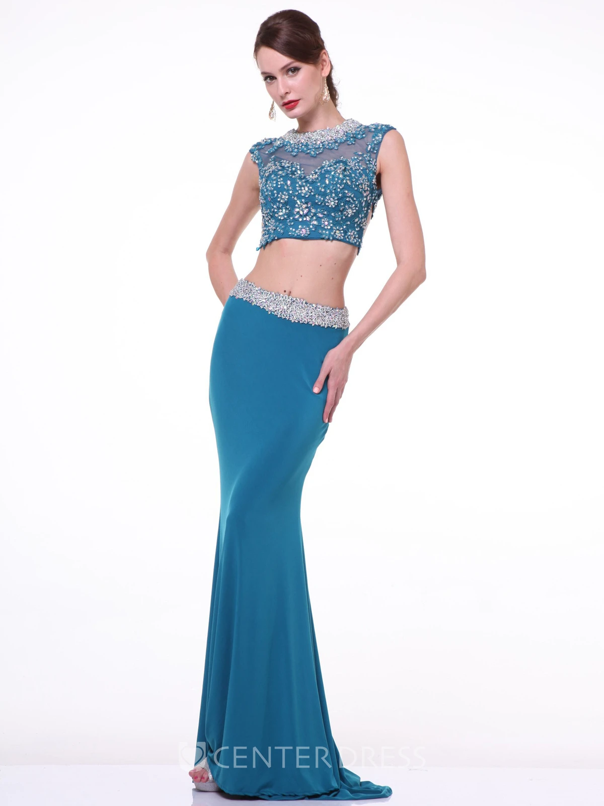 Two-Piece Pencil Long Jewel-Neck Sleeveless Jersey Keyhole Dress With Beading