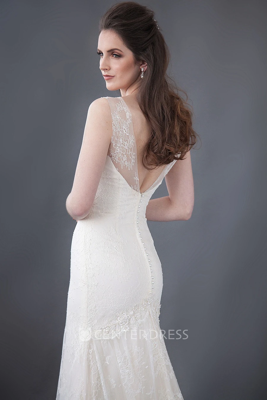Sheath Appliqued Sleeveless Maxi Lace Wedding Dress With Low-V Back And Pleats
