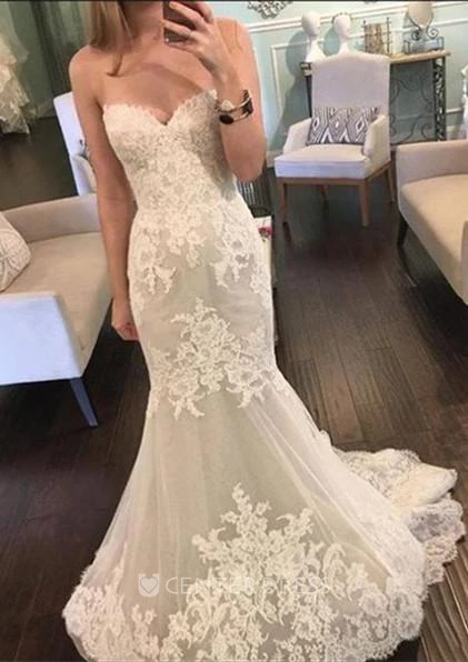 Beautiful Sweetheart Lace Wedding Dresses Mermaid Tulle Sheer Skirt
