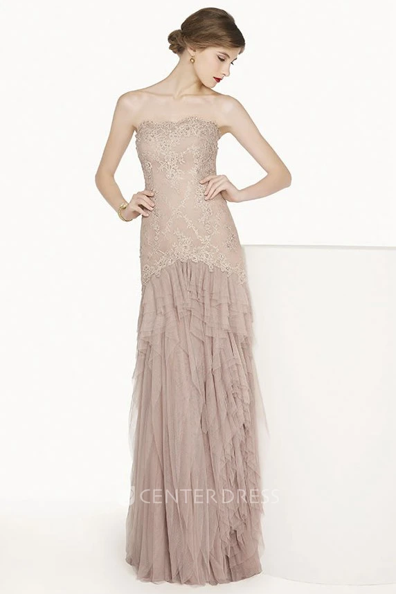 Scalloped Strapless Tulle Long Prom Dress With Lace Top And Tiered Skirt