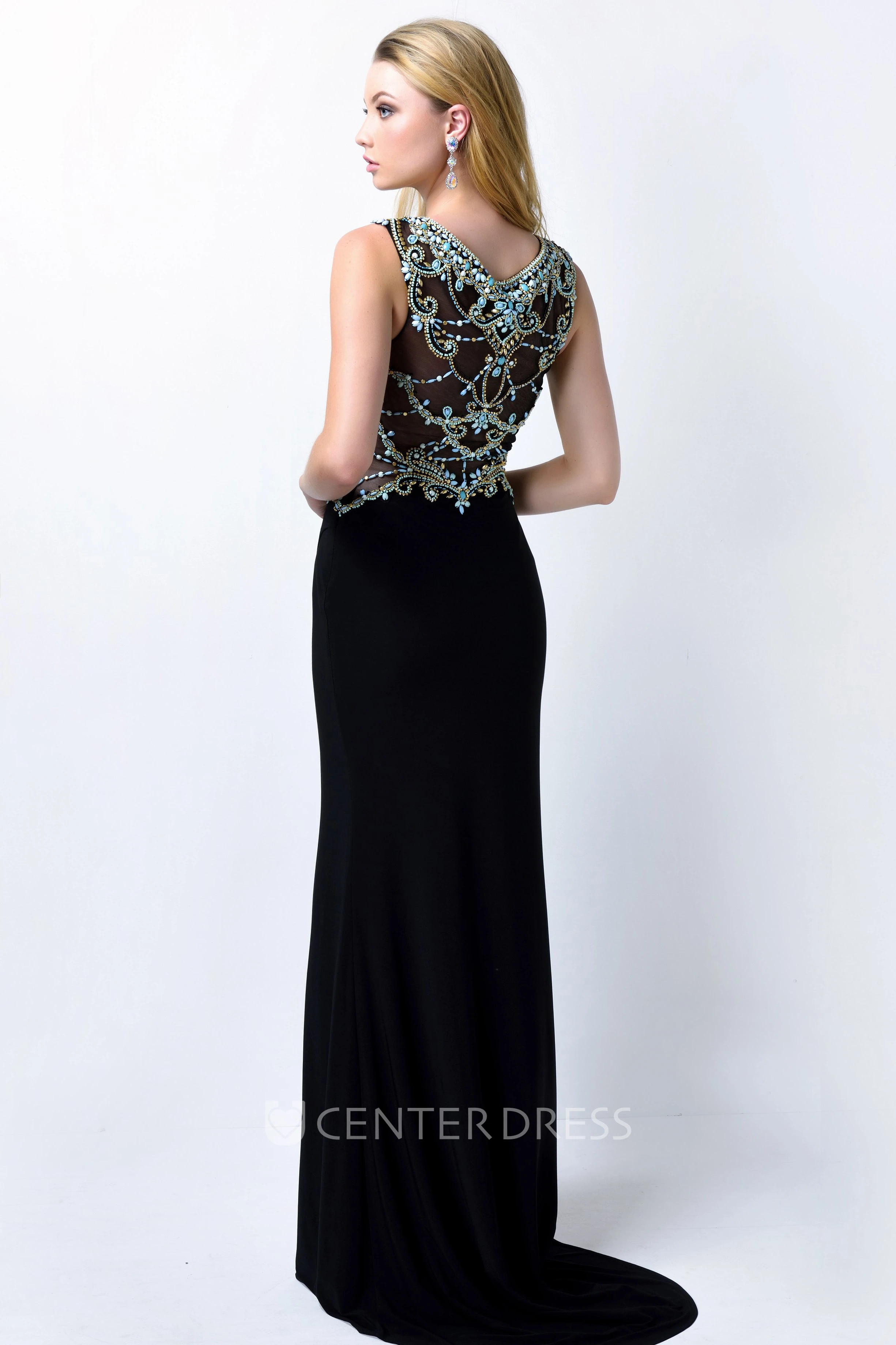 Sheath Long Scoop-Neck Sleeveless Jersey Illusion Dress With Beading And Split Front
