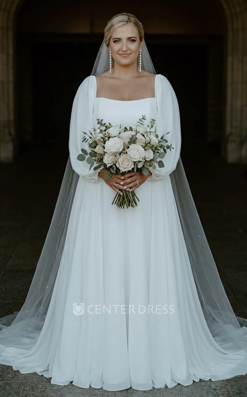 Modest Romantic A-Line Plus Size Spring Wedding Dress with Long Sleeve Simple Casual Charming Low Cut Square Neck Chiffon Train Bridal Gown