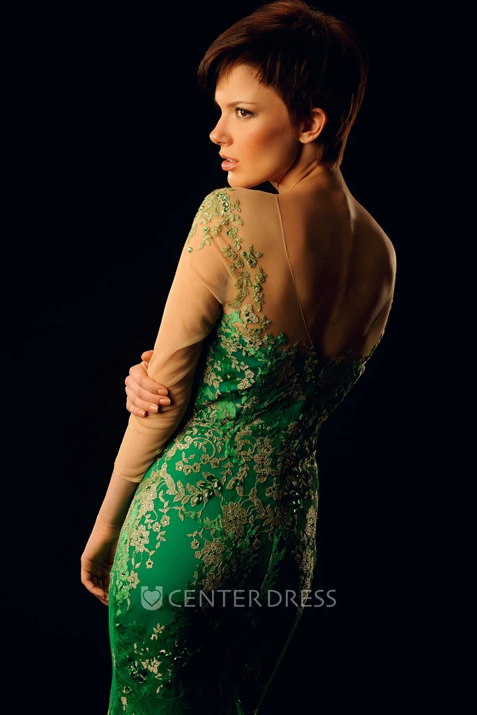 Sheath 3-4-Sleeve Maxi Appliqued Scoop-Neck Lace Prom Dress