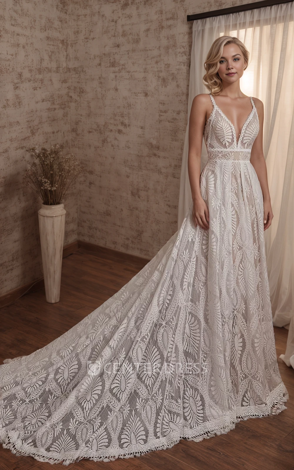 Vintage Beach Forest A-Line Lace Sleeveless Wedding Dress with Plunging Neck and Court Train