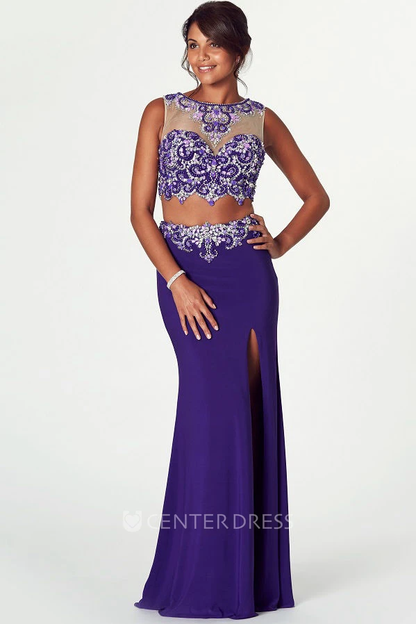 Sheath Split-Front Jewel-Neck Sleeveless Floor-Length Jersey Prom Dress With Beading