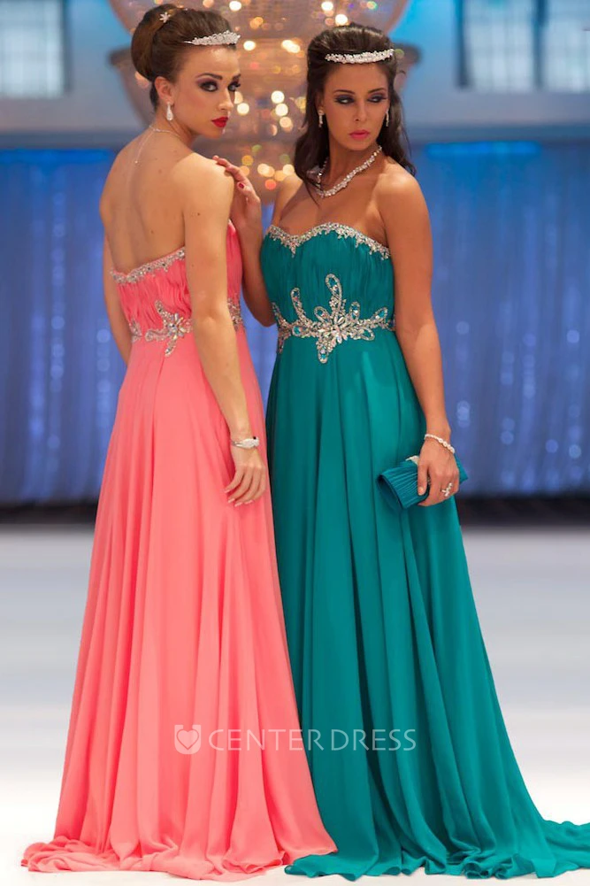 A-Line Sleeveless Ruched Sweetheart Long Chiffon Prom Dress With Beading