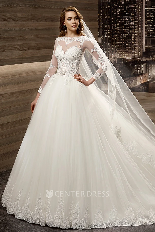 A-line Long-sleeve Wedding Gown with Lace Appliques Bodice and Brush Train