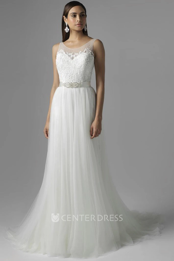 A-Line Scoop Appliqued Sleeveless Floor-Length Tulle Wedding Dress With Waist Jewellery And Pleats