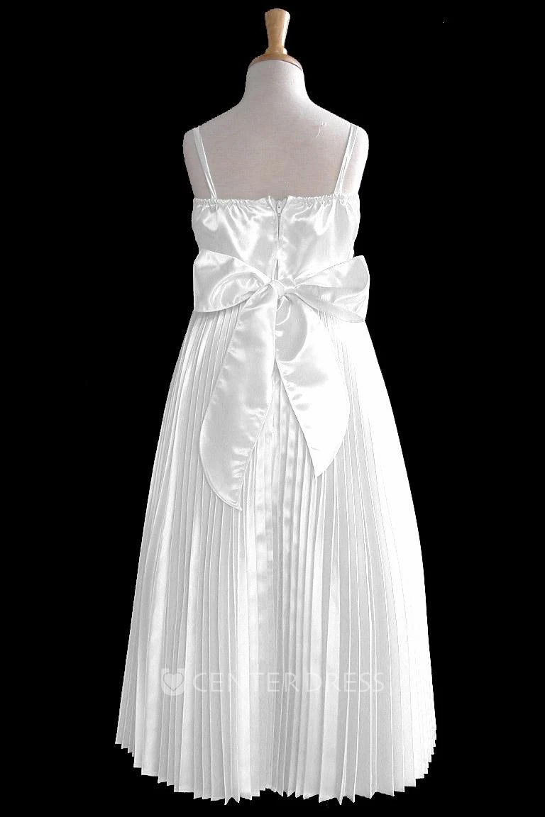 Floor-Length Pleated Cape Satin Flower Girl Dress With Broach