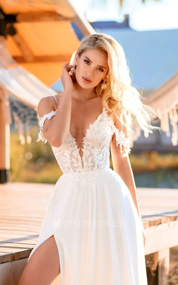 A-Line Sexy Front Split Deep V-Neck Spaghetti And Off The Shoulder Strap  Chiffon Beach Wedding Dress With Applique - UCenter Dress
