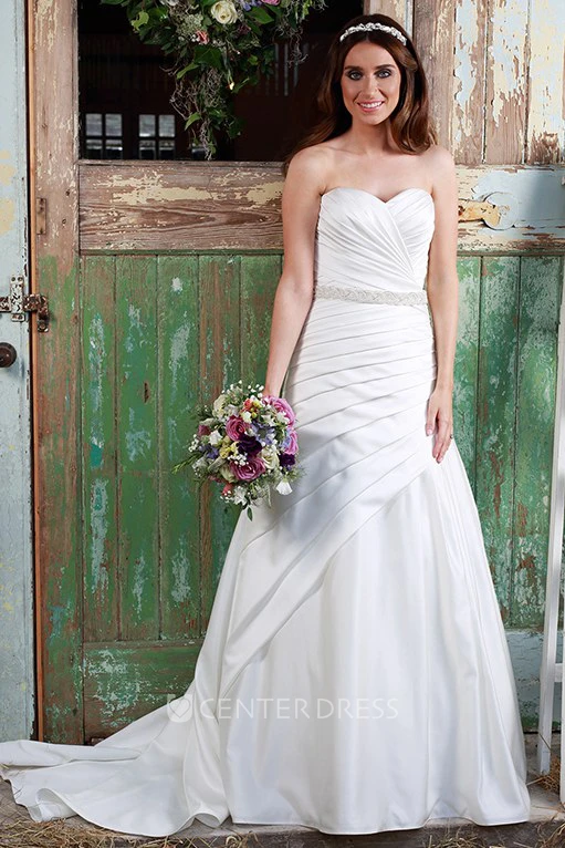 A-Line Long Side-Draped Sleeveless Sweetheart Satin Spring Wedding Dress With Waist Jewellery