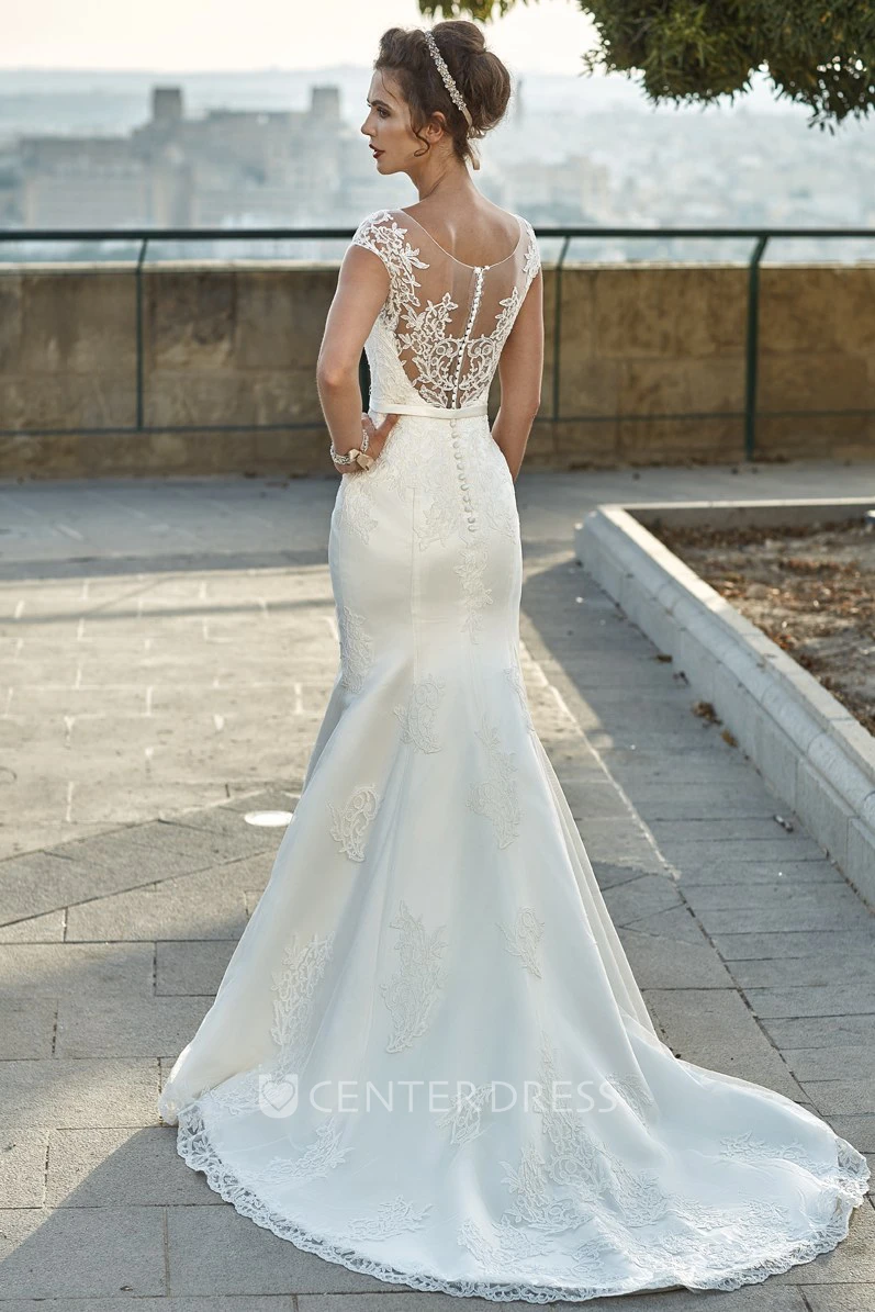 A-Line Scoop-Neck Appliqued Floor-Length Short-Sleeve Satin&Lace Wedding Dress