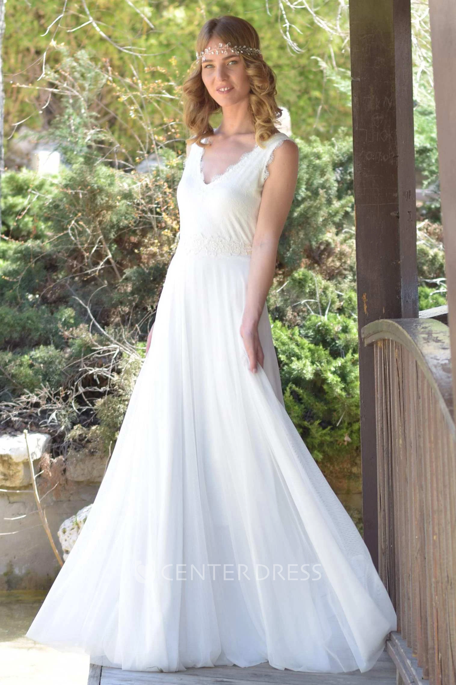 Plunged Sleeveless Chiffon Lace Wedding Dress With Bow And Deep-V Back