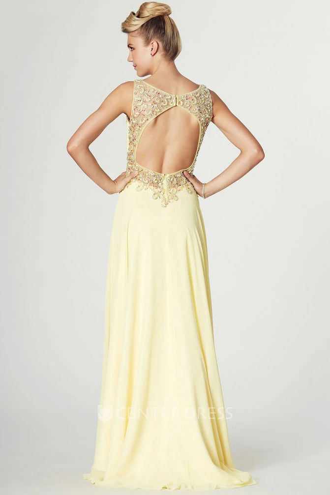 Maxi Sleeveless Beaded Scoop Neck Chiffon Prom Dress