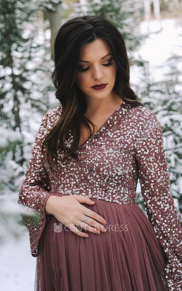 V-neck Grape Tulle A-Line Casual Formal Dress With Long Sleeve And Sequins