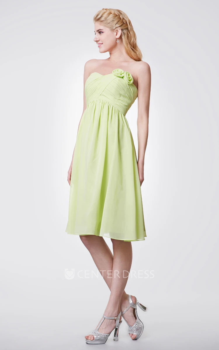 Floral Empire Knee Length Strapless Chiffon Dress With Pleated Skirt