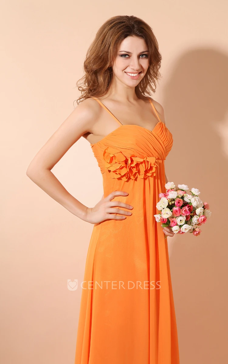 Empire Soft Flowing Fabric Pleated Dress With Ruching And Flower