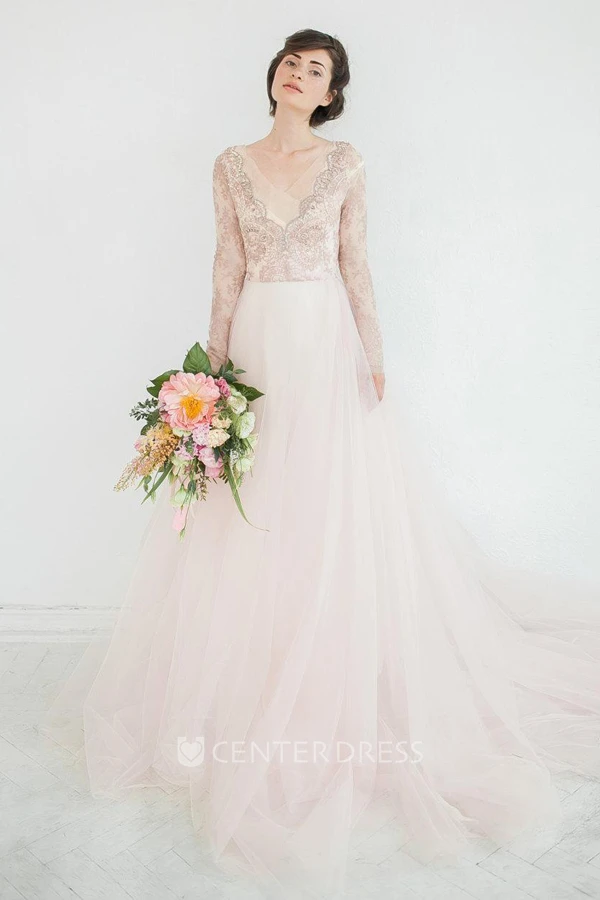 V-Neck Illusion Long Sleeve Tulle A-Line Dress With Beading