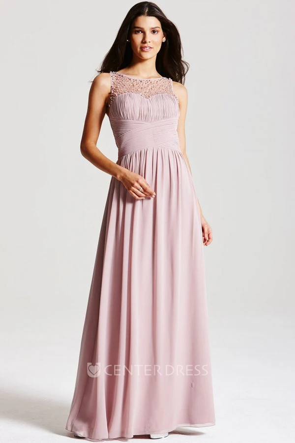 Ruched Sleeveless Bateau Neck Chiffon Bridesmaid Dress With Beading And Straps