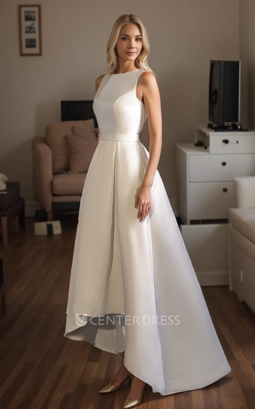 Simple Elopement High Low A-Line Modest Winter Wedding Dress Casual High Neck Ankle Length Vow Renewal Bridal Gown
