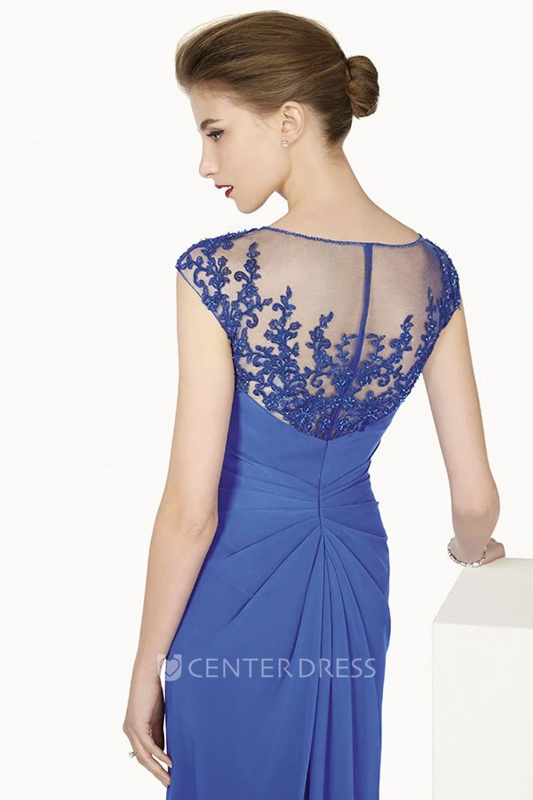 Bateau Cap Sleeve Chiffon Long Dress With Waist Flower And Appliqued Top
