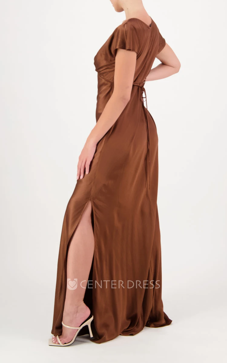 Elegant Beach A Line Charmeuse Bridesmaid Dress with Split Front and Petal Sleeves