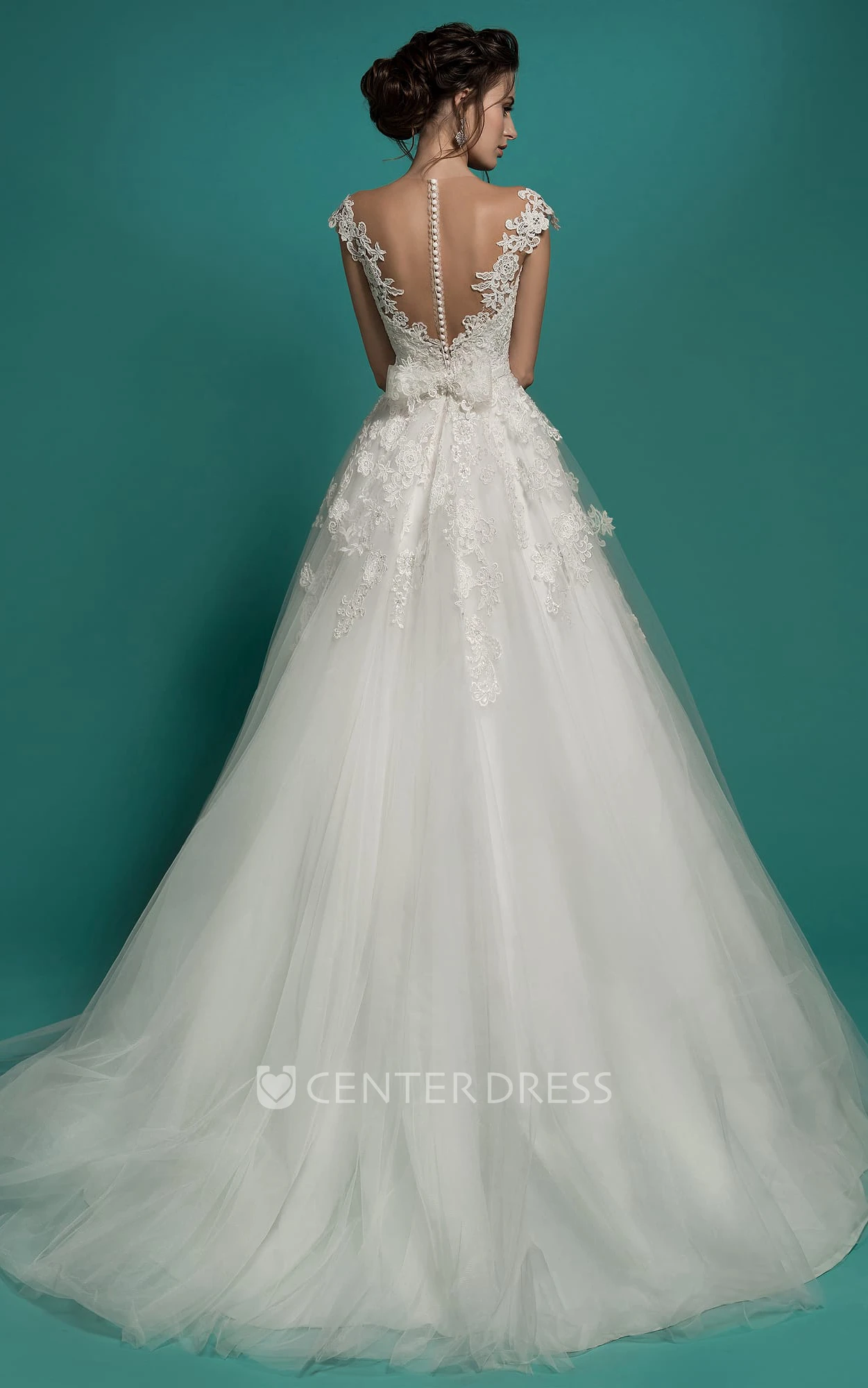 A-Line Long V-Neck Short-Sleeve Illusion Tulle Dress With Appliques And Bow