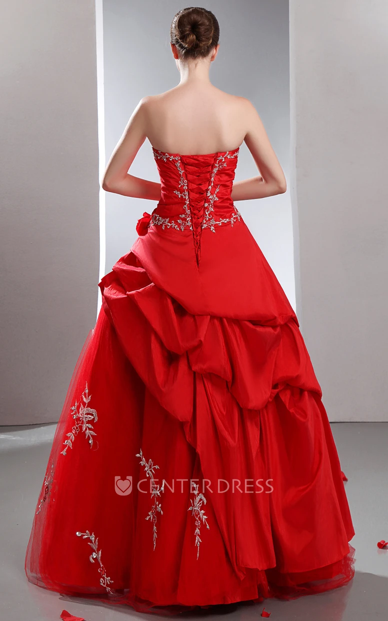 Strapless Layered Ball Gown Satin Prom Dress With Ruffles and Beading