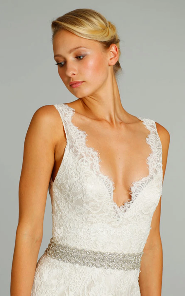 Stunning V-Neck Long Lace Gown With Crystal Embroidered Belt