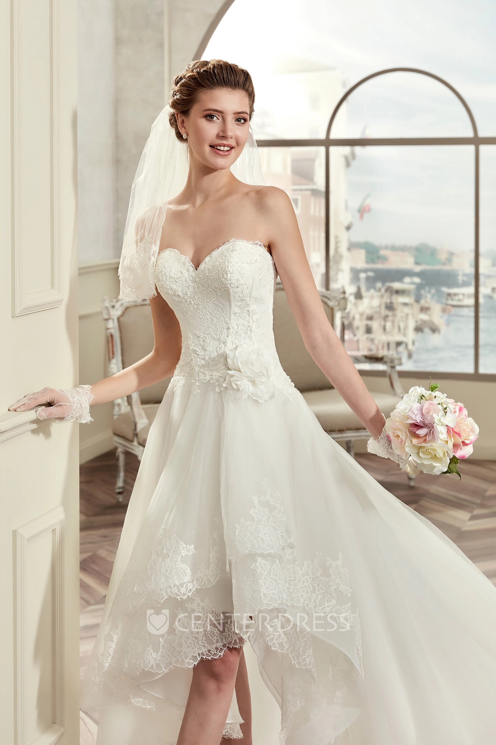 Sweetheart High-low Wedding Gown With Lace Corset and Brush Train