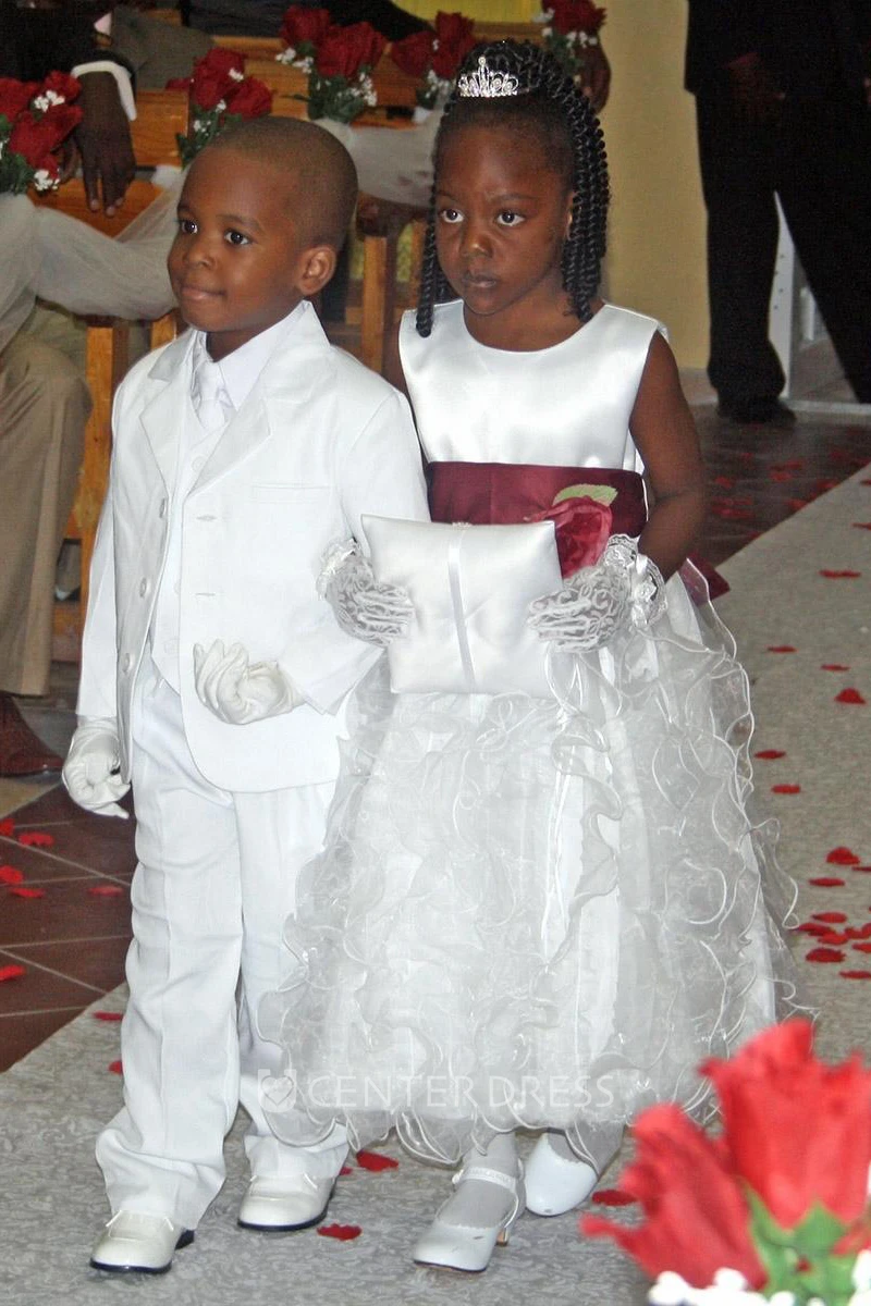 Tea-Length Floral Tiered Organza&Satin Flower Girl Dress With Ruffles