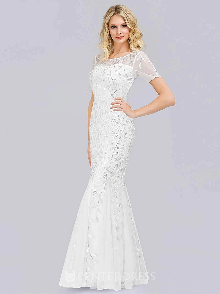 Trumpet Short Sleeve Tulle Sequins Elegant Zipper Illusion Dress with Pleats