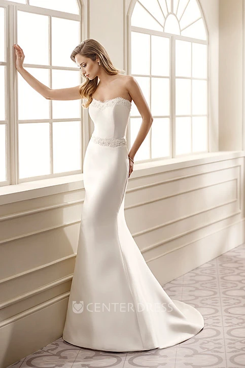 Sheath Strapless Beaded Maxi Sleeveless Satin Wedding Dress With Waist Jewellery